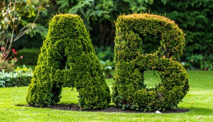Green topiary letters "A" and "B" in a garden