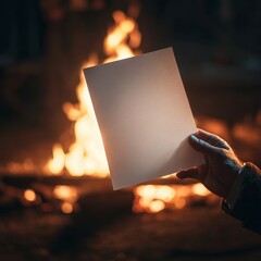 Hand Holding Paper Mockup in Front of Fire – Realistic Poster and Flyer Template