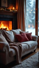 Cozy winter scene featuring a plush couch with soft throw blankets, illuminated by warm, inviting fireplace light Perfect for relaxation and comfort during the cold season , home, winter
