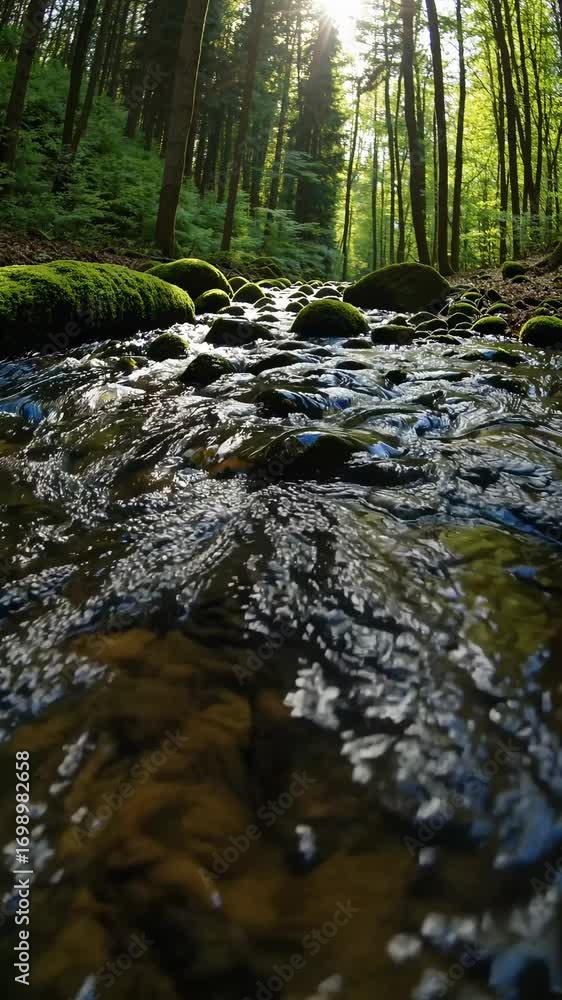 Poster low-angle video of a serene forest stream, sunlight filtering through trees, capturing the tranquil 