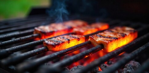 Close-up shot of a hot, glowing grill grate, ready for grilling Perfect for barbecue, outdoor cooking, and summer themes Metal surface shows heat distortion , culinary, summer