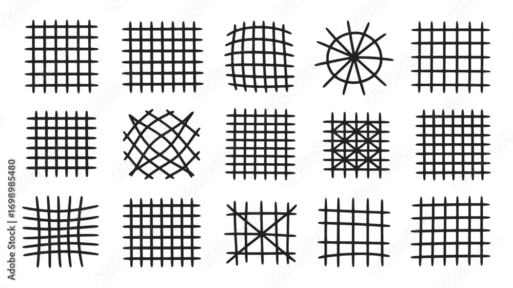 Poster collection of twelve unique hand-drawn grid and mesh patterns ideal for textile design or web backgr