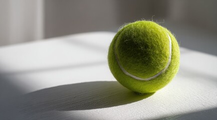A single tennis ball rests on a white surface, bathed in sunlight.  Shadows are cast