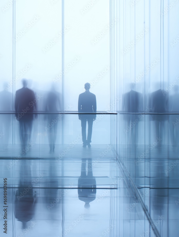 Poster figures moving through a foggy glass corridor with reflections in a modern architectural setting dur