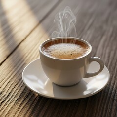 Obraz premium Steaming cup of coffee on a rustic wooden table