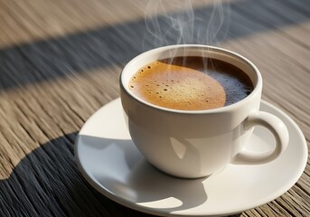 Obraz premium Steaming cup of coffee on a wooden table in sunlight