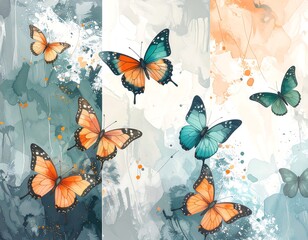 Butterflies in flight, abstract watercolor background