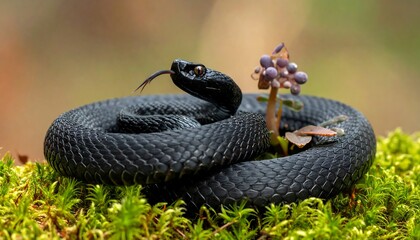 Black snake coiled on moss with small purple berries
