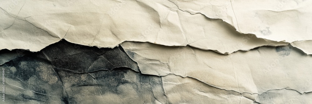 Poster textured layers of crumpled paper in shades of beige and black displayed on a flat surface capturing