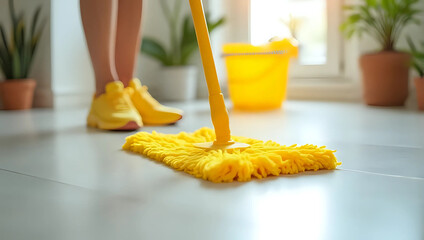 Portrait of person cleaning shiny floor with mop, yellow bucket nearby, tidy home interior background - housekeeping, spring cleaning, domestic hygiene service concept 