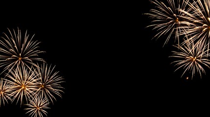 Minimalist golden fireworks on black background with luxury typography space, ultra high resolution, clean stock photo style.