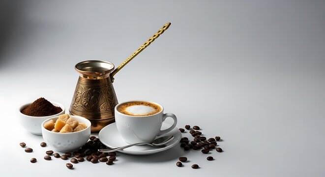 Traditional turkish coffee preparation with creamy cappuccino and sugar cubes - Powered by Adobe