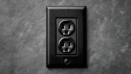 Close-up of a dark gray, matte-finish electrical outlet on a dark gray stone surface.  Two grounded receptacles are clearly visible