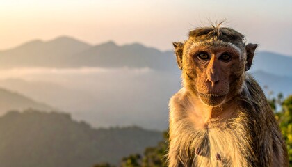 Monkey on mountaintop at sunrise