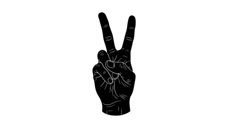 Detailed monochrome vector of a hand showing a peace sign in a white background  for graphic designs