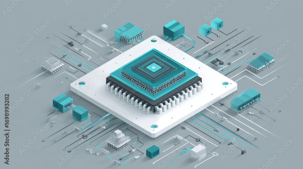 Poster visual representation of a modern microprocessor surrounded by connected components demonstrating ad