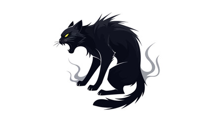 Illustration of a menacing black cat with glowing yellow eyes and a tense posture