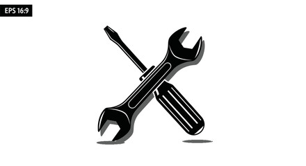 Minimalist repair tools icon, black wrench and screwdriver on white background for service
