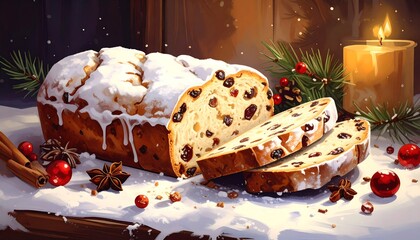 Festive loaf of spiced bread, sliced, with icing and snow