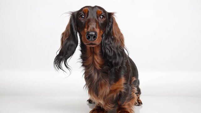 Longhaired dachshund dog sitting isolated on white background