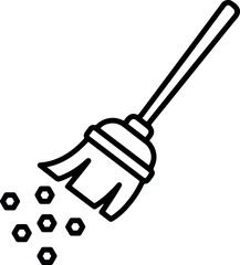 Minimal black line illustration of a broom sweeping dust particles, representing cleaning, tidying, and hygiene concepts