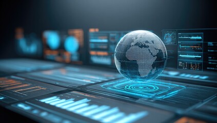Obraz premium A futuristic globe representation hovers above a network of data displays, highlighted by vibrant blue and orange tones.