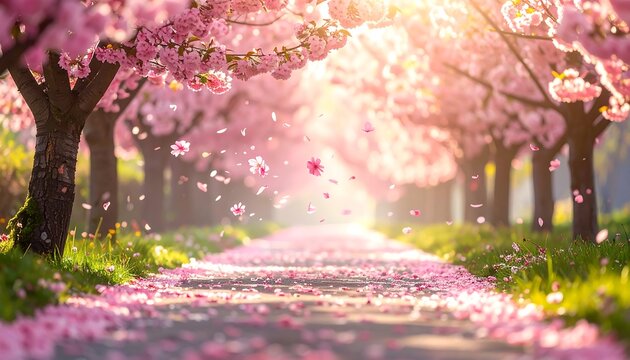 Pink cherry blossoms line a path, petals falling - Powered by Adobe