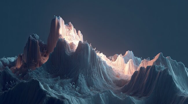 Digital mountain range, illuminated peak.  Soft, light-toned, textured peaks and valleys,  illuminated from the summit.  Darker backdrop.  Abstract, 3D landscape