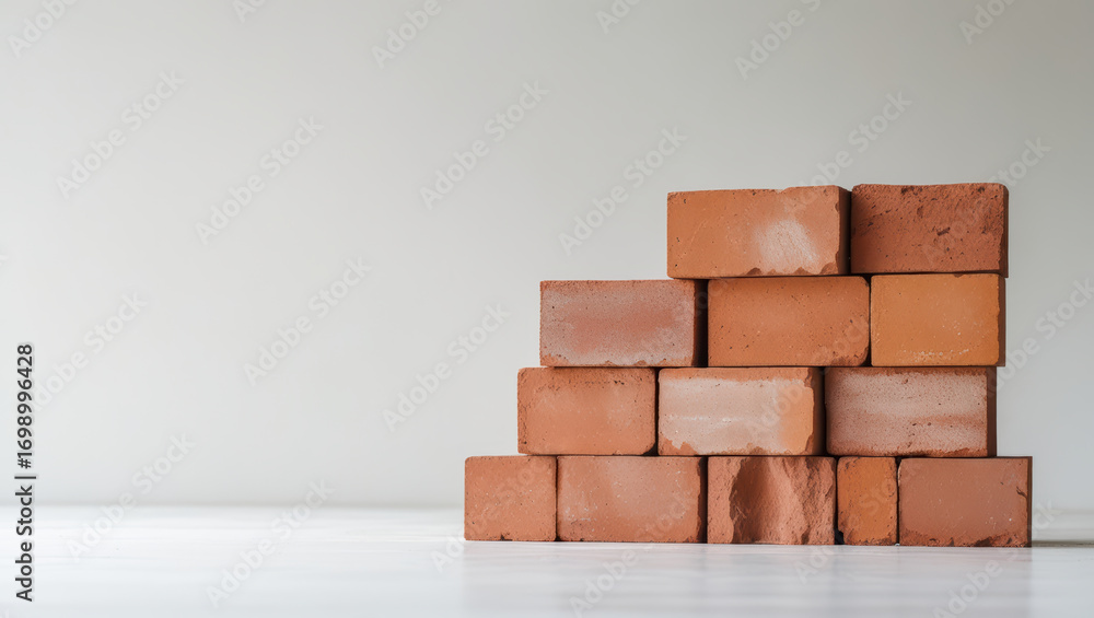 Aufkleber photograph of rectangular brick blocks arranged in pyramid shape on light surface, showcasing their 