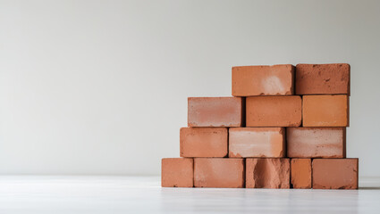 Photograph of rectangular brick blocks arranged in pyramid shape on light surface, showcasing their texture and color. image conveys sense of simplicity and construction