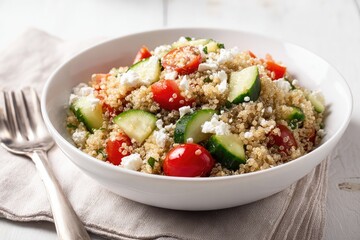 Quinoa salad with cucumber, tomatoes, and feta in a white bowl