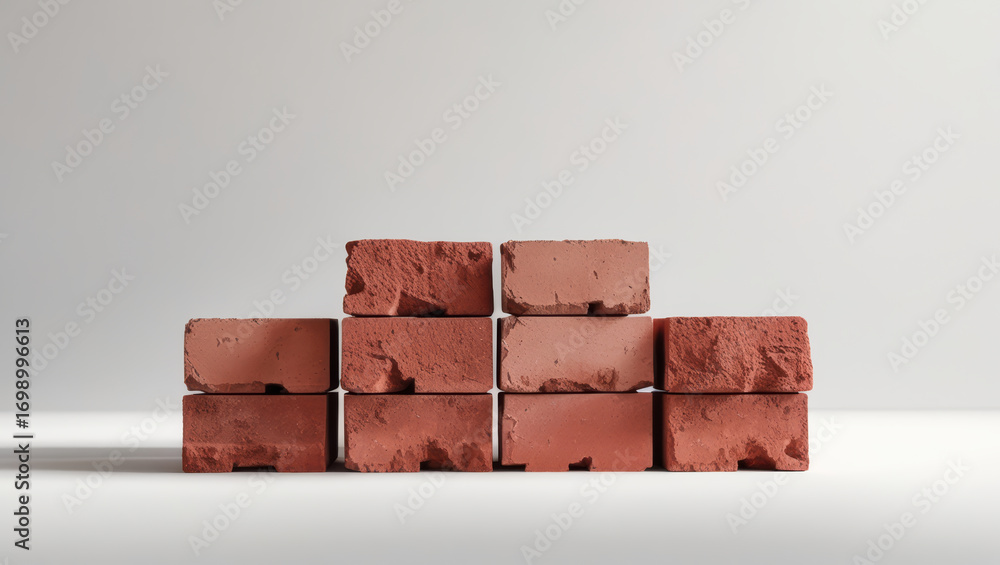 Poster stack of traditional red brick blocks arranged neatly on light background, showcasing their texture 