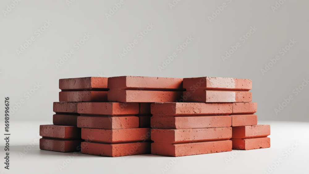 Poster stack of traditional red brick blocks arranged neatly smooth surface, showcasing their texture and c