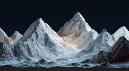 A digitally rendered vista of towering, textured mountains.  Pale beige and white peaks rise against a dark, dramatic night sky.  The peaks exhibit a sculpted, almost granular surface texture