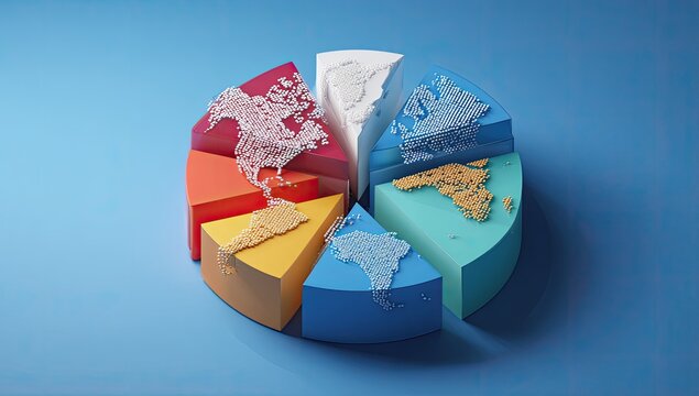 Colorful pie chart with world map segments.  Each colorful sector displays a portion of the world map, with continents outlined.  Modern, 3D graphic design on a light-blue background
