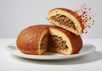 Exploding Stuffed Bread: Deliciously Filled, Artistic Food Photography on White