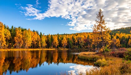 Fototapeta premium A serene autumn landscape showcases a tranquil lake mirroring the vibrant fall foliage along the shoreline, bathed in the warm glow of sunlight.