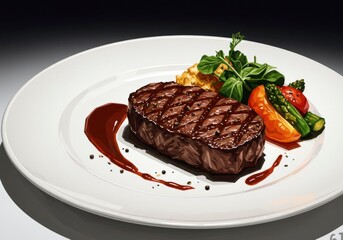 Exquisite Grilled Steak Presentation: Artful Culinary Delight with Vibrant Vegetables and Rich Sauce