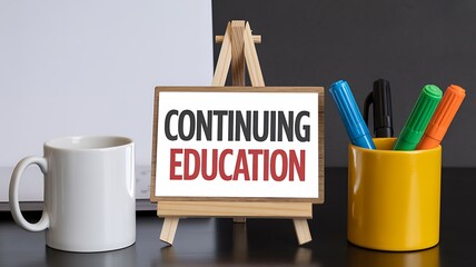 Inspiring message on continuing education displayed with vibrant markers and a clean mug, perfect for academic or professional development themes.