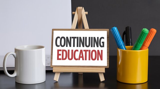 Inspiring message on continuing education displayed with vibrant markers and a clean mug, perfect for academic or professional development themes.