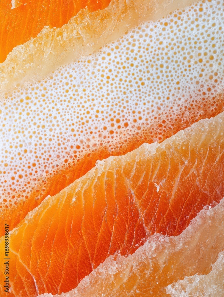 Poster fresh salmon fillets arranged in layers showcasing vibrant orange color and unique textures in a cul