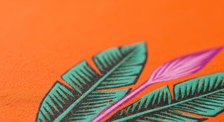 Tropical leaf print on vibrant orange background close-up