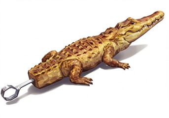 Naklejka premium Geometric Crocodile Skewered with Tool: Surreal, Polygonal Illustration