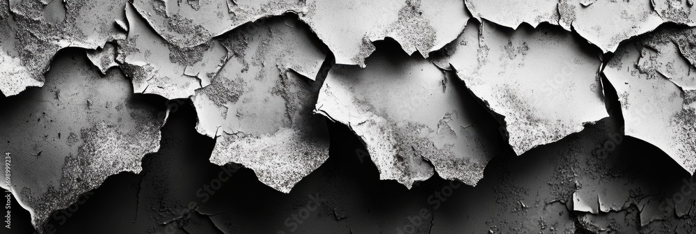 Poster texture of peeling paint on a wall presenting a contrast of black and white with intricate patterns 
