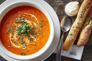 Creamy orange soup in a white bowl, garnished with fresh herbs and spices, served with crusty breadsticks and a dollop of creamy topping