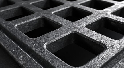 Close-up of a dark gray metal grate, featuring a grid pattern of square openings