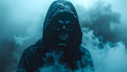 Grim reaper reaching towards the camera over dark background with copy space