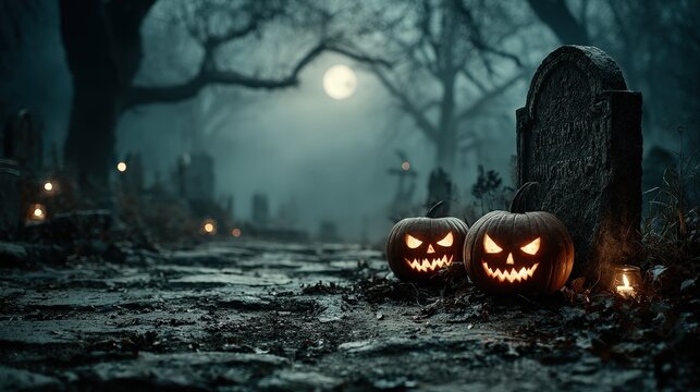 Spooky Halloween Pumpkins in Foggy Graveyard at Night