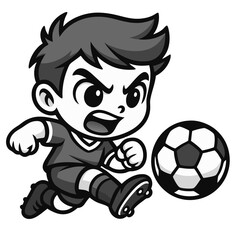 Young boy soccer player cute cartoon styloung e, bold outlines, simplified shapes, big expressive eyes, clean vector look, monochrome grayscale palette, isolated on transparent background, no shadows