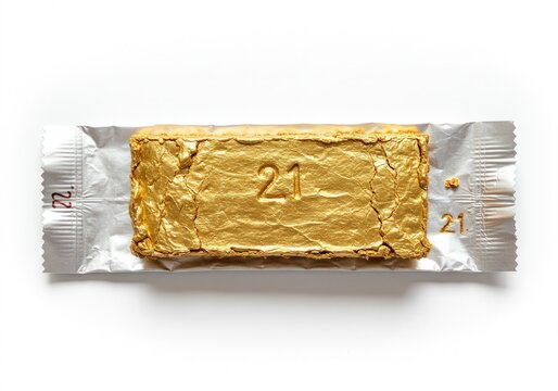 Gold-Coated Treat: Number 21 Embossed on a Cracked, Gilded Cake in Foil Packaging - Powered by Adobe